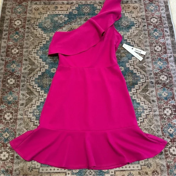 NWT AQUA• Pink Scuba Ruffled One-Shoulder Flounce Sheath Dress XS NEW $88 - Picture 4 of 9